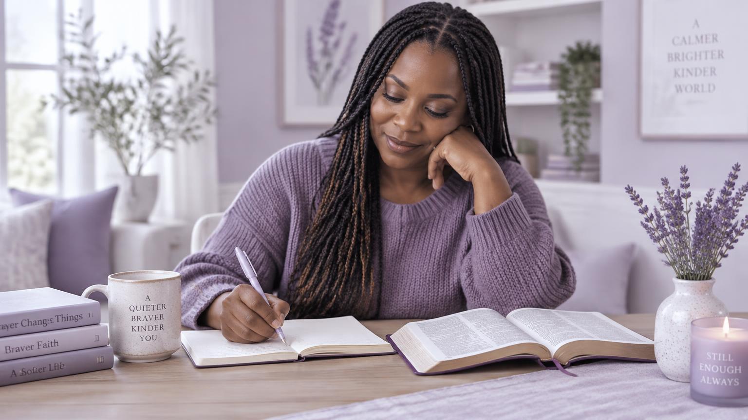 A Black woman with long braids writing in a journal beside an open Bible and a vase of lavender