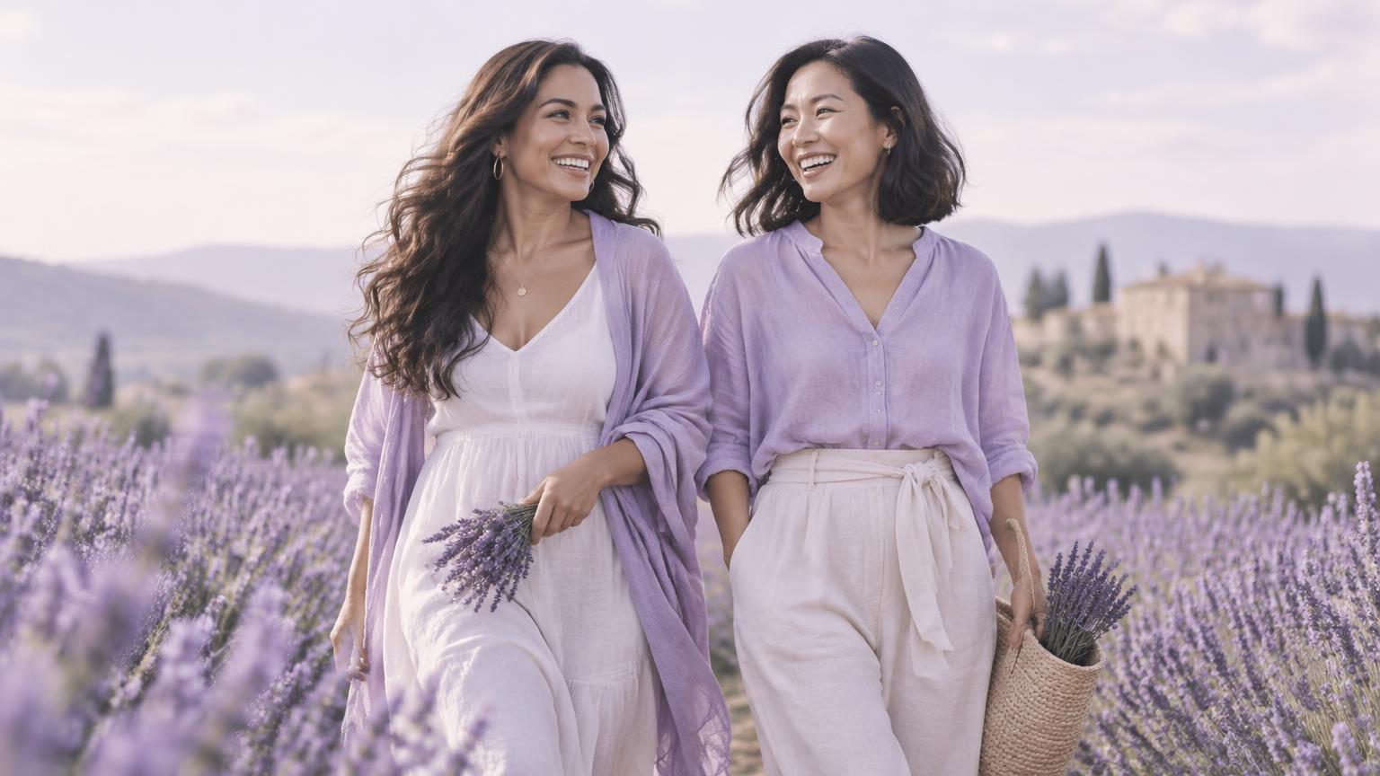 A Latina woman and an Asian woman laughing together as they walk through a lavender field