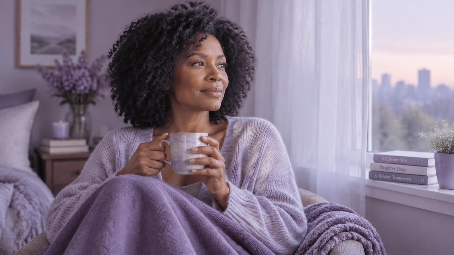 A Black woman with natural curls holding a mug by a window in soft lavender morning light