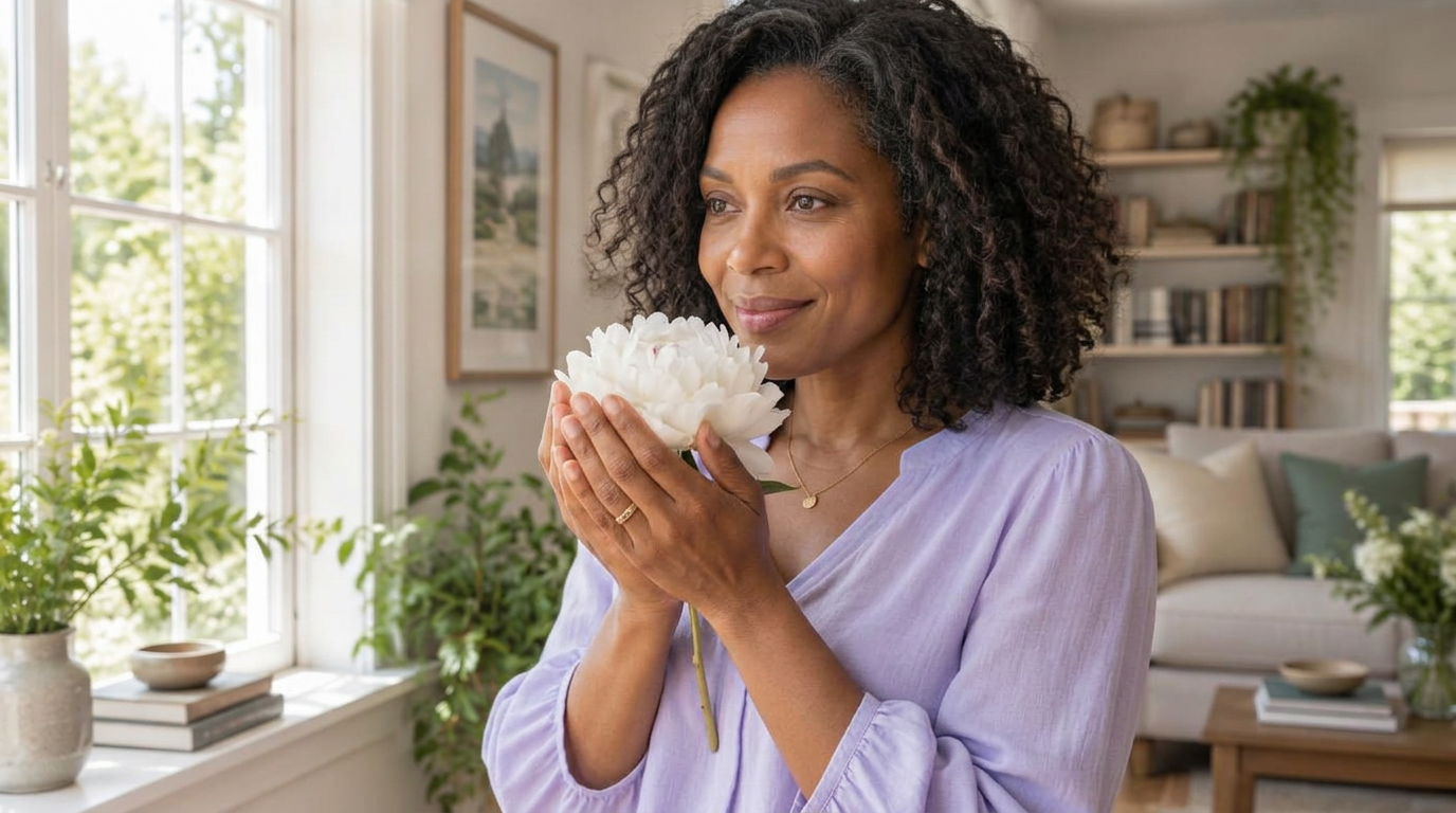 A Black woman cradling a white blooming flower in her hands