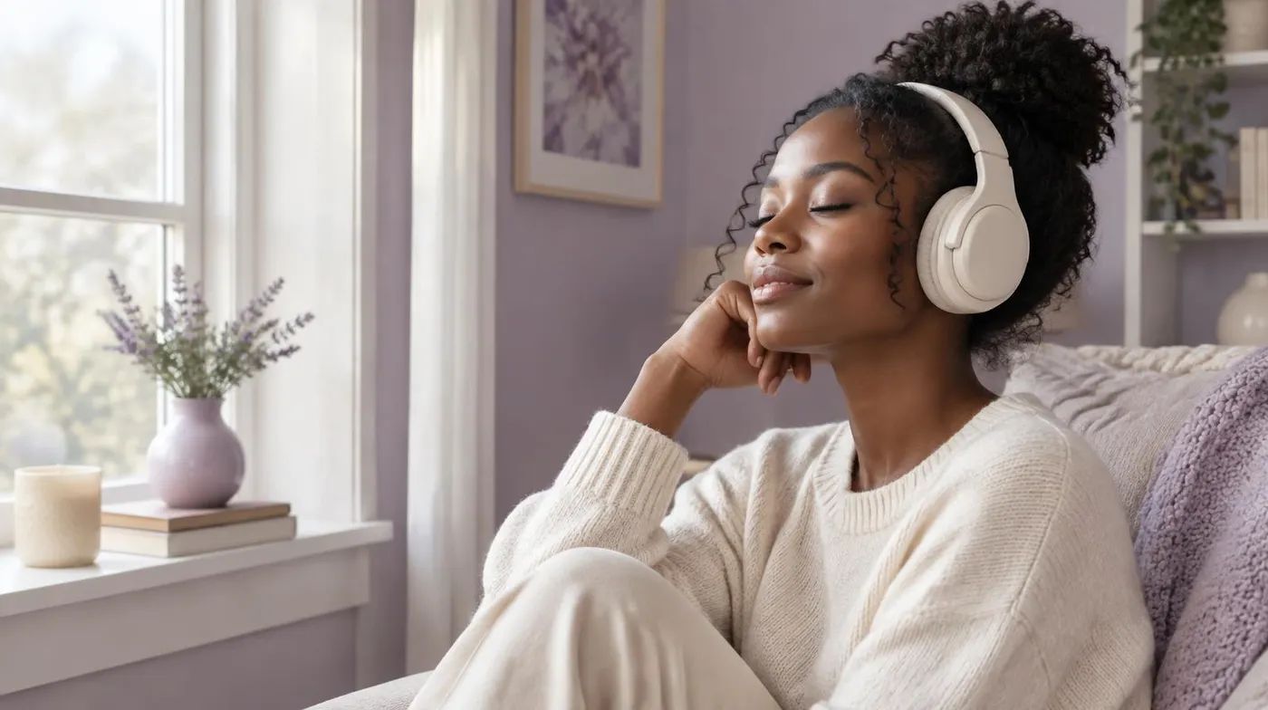 A woman listening peacefully with headphones, eyes closed