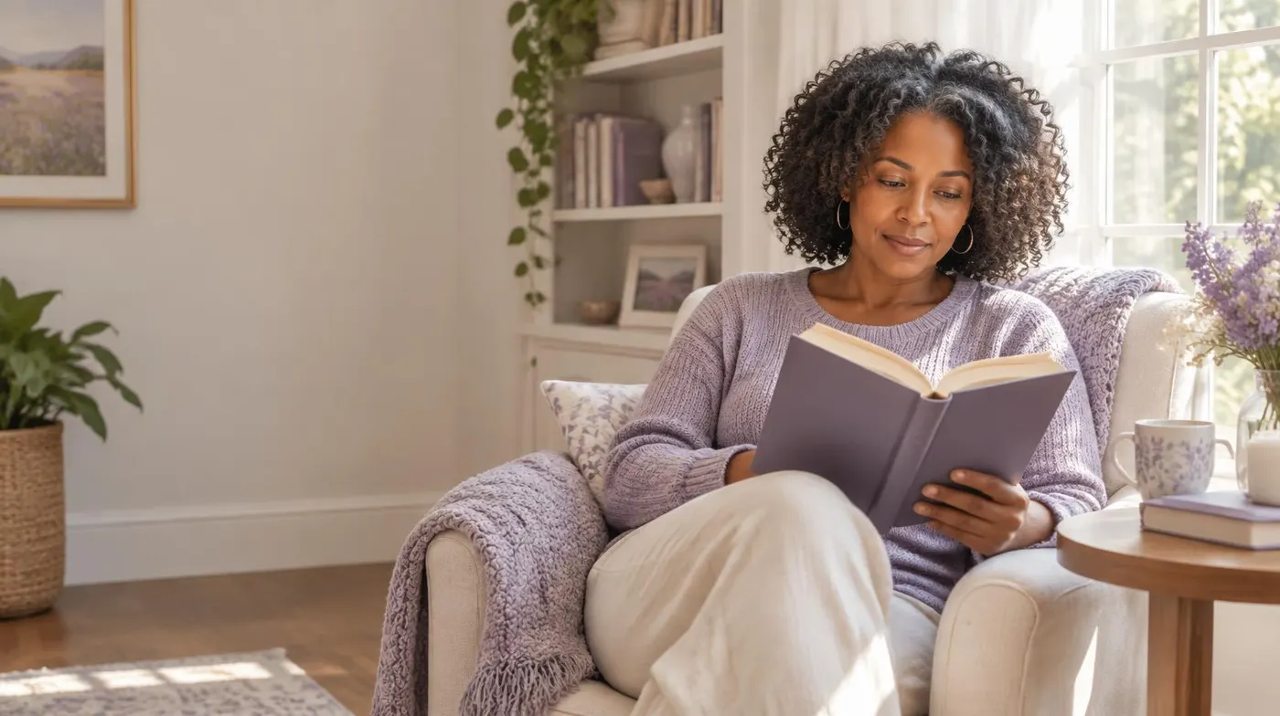 A woman reading a book quietly by a sunlit window