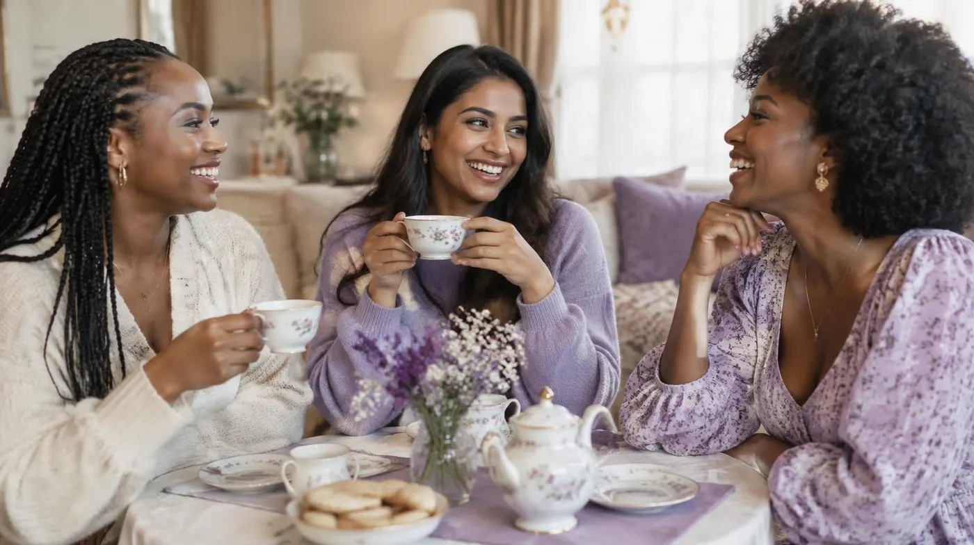 Three women laughing together over tea