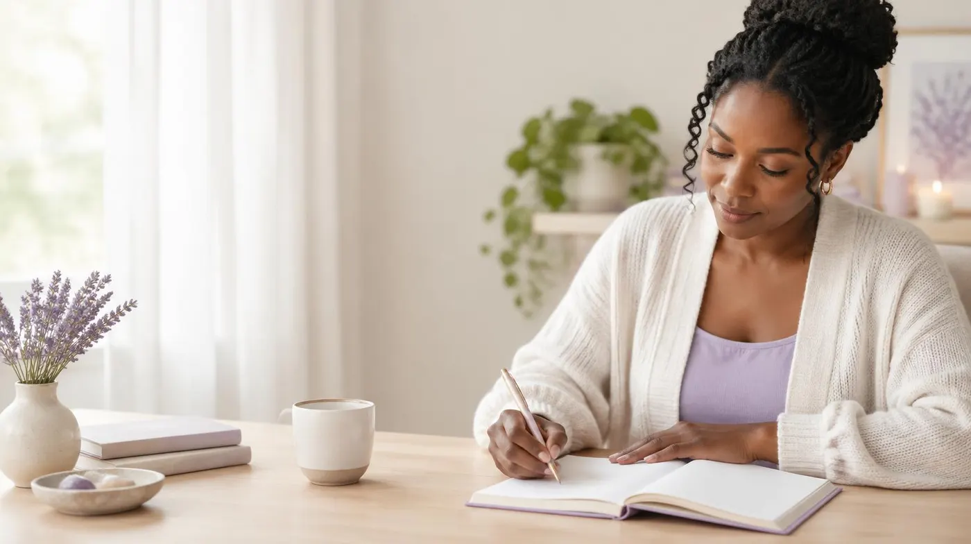 A woman writing thoughtfully in a workbook at a calm desk